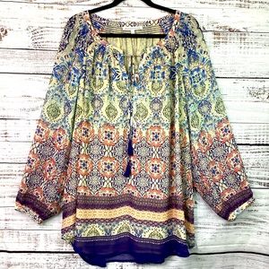 DANIEL RAINN PLUS SIZE 2X TOP BLUE BOHO SUMMER TASSELS BLOUSE EUC